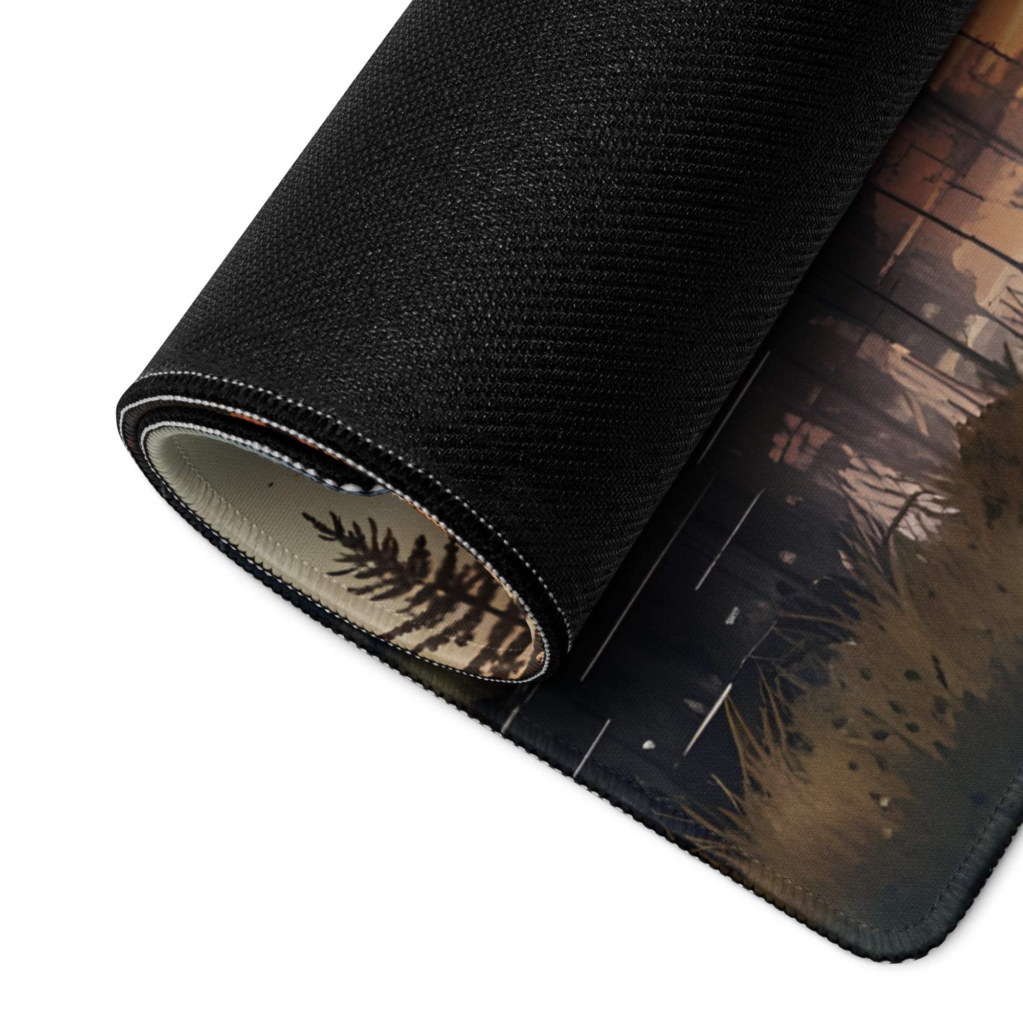 Black textured forest mousepad rolled to show non-slip beige underside