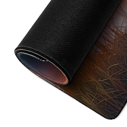 Black textured Sunset Landscape gaming mouse pad rolled to show layered construction