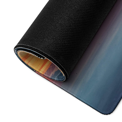 Underside of Premium Vibrant Ice Mountain Sunset gaming mouse pad with black textured gradient blue to purple orange base