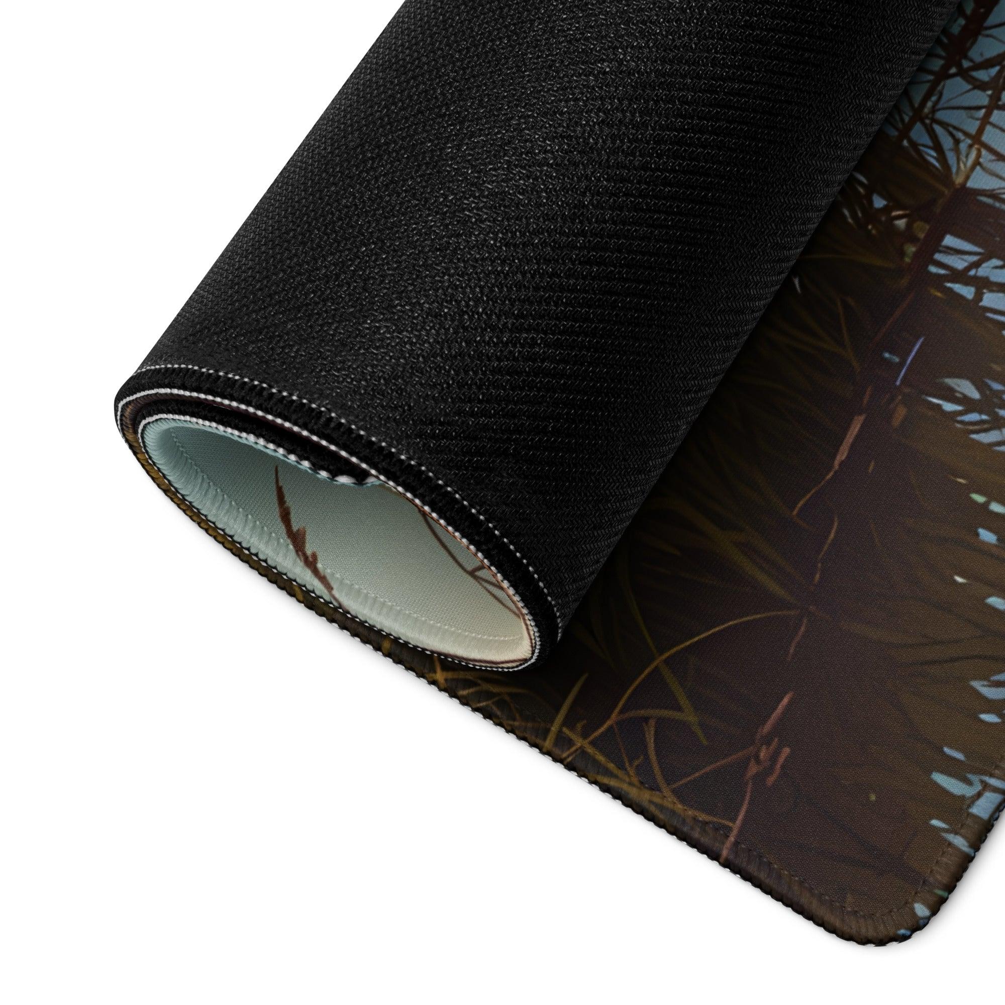 Black textured grass branches mousepad with serene sunset river design