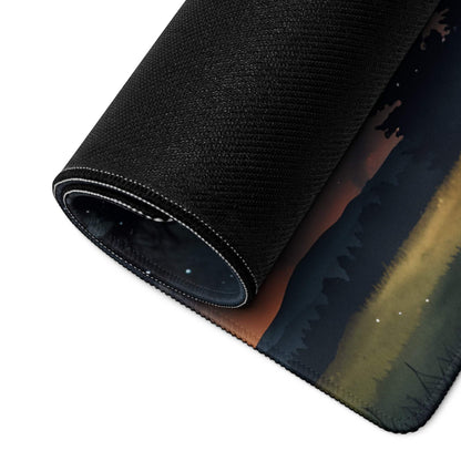 Large Dreamy Night Sky Forest Cabin gaming mouse pad with silhouetted trees gradient sky