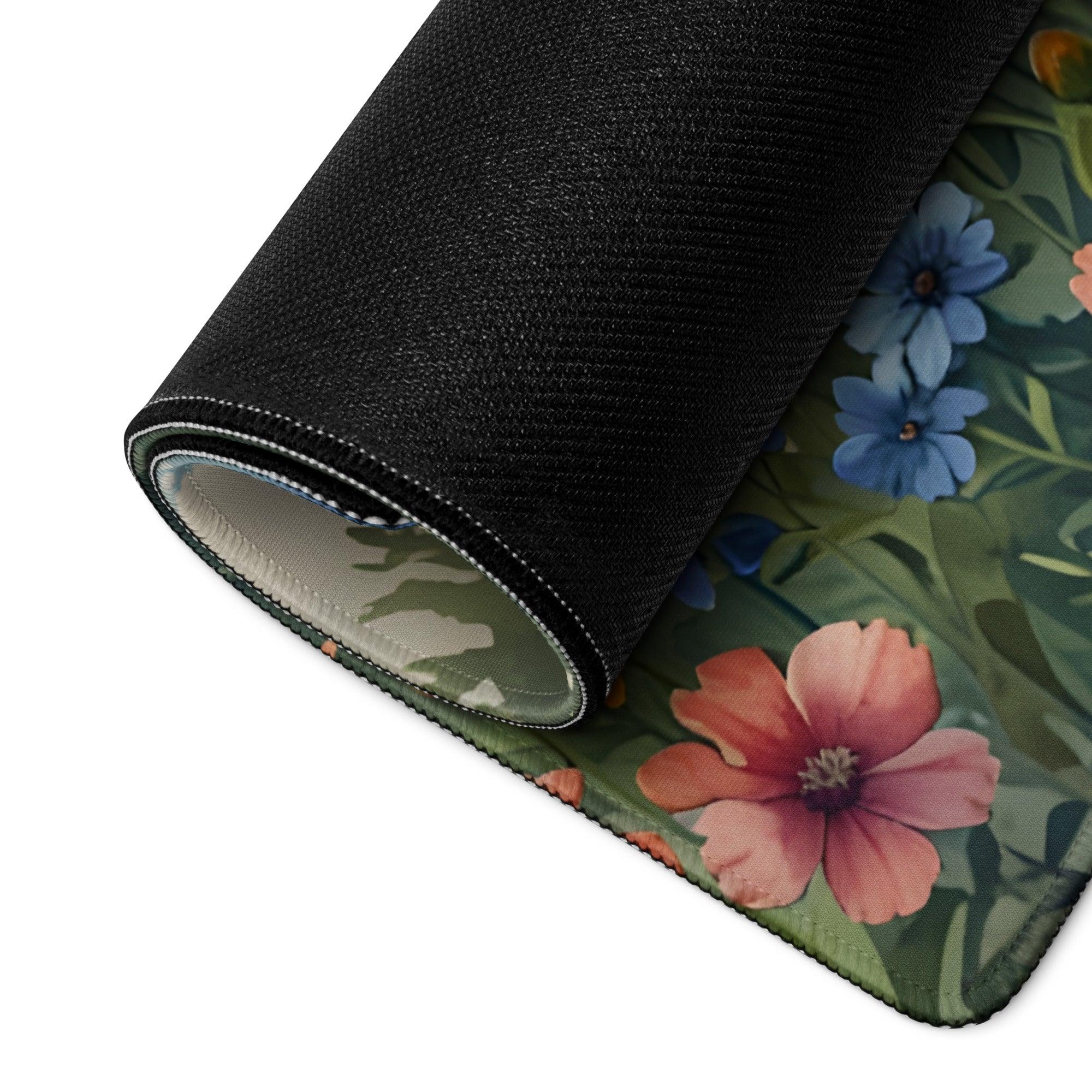 Sunrise Meadow floral gaming mouse pad rolled up with pink blue flowers