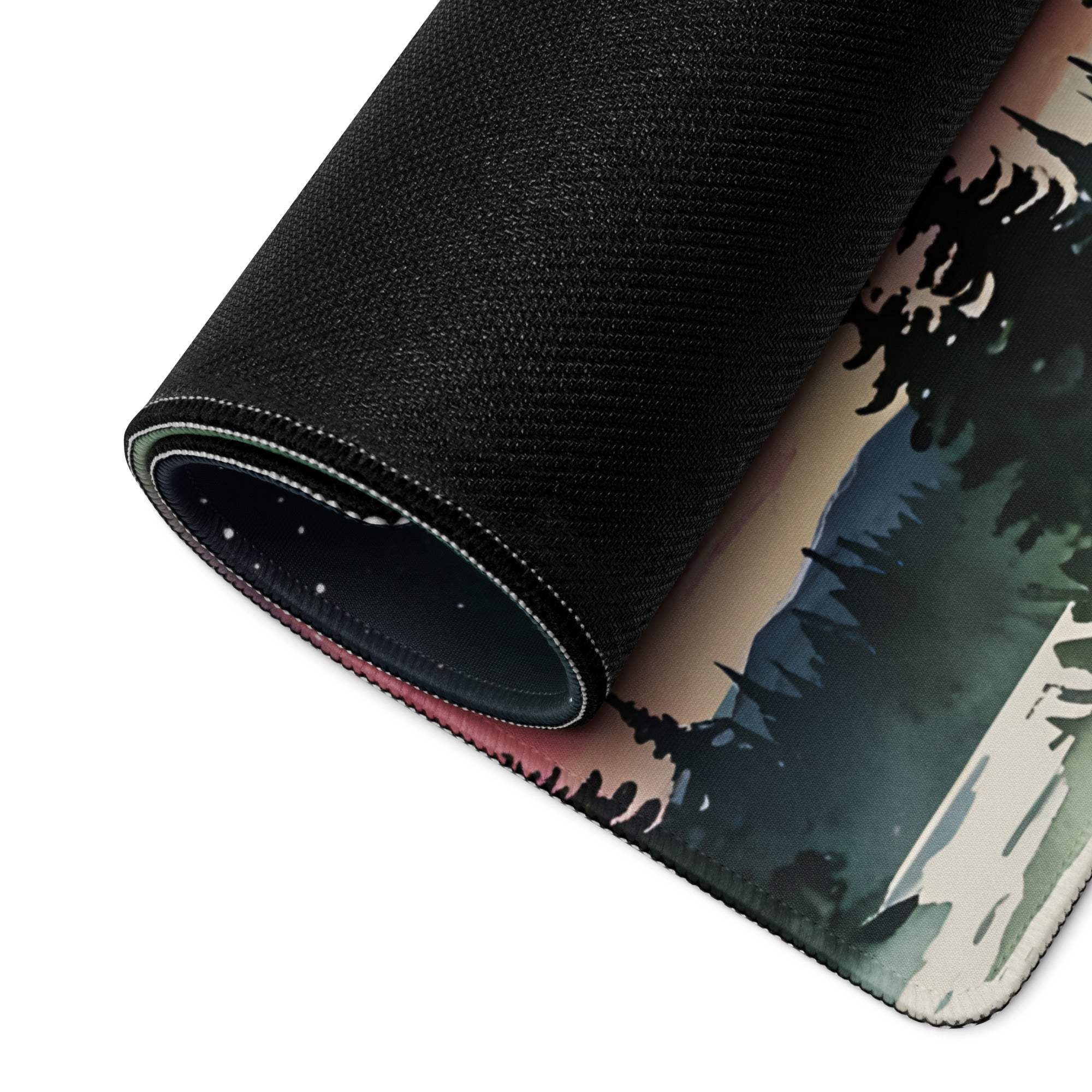 Black textured gaming mousepad with aurora forest silhouettes and pink-to-blue gradient sky