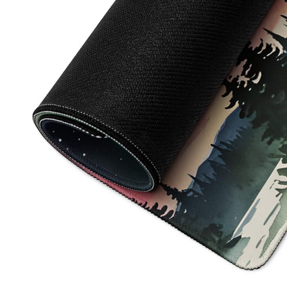 Black textured gaming mousepad with aurora forest silhouettes and pink-to-blue gradient sky