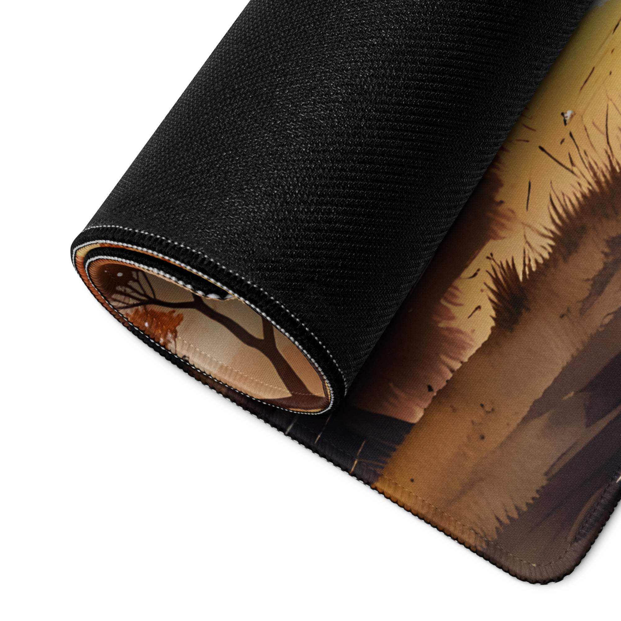 Black textured gaming mousepad with rolled edge autumn sunset landscape