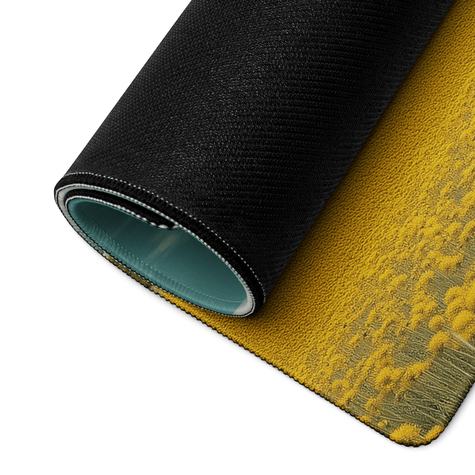 Black and yellow field mousepad with dreamy landscape, white house, red tree