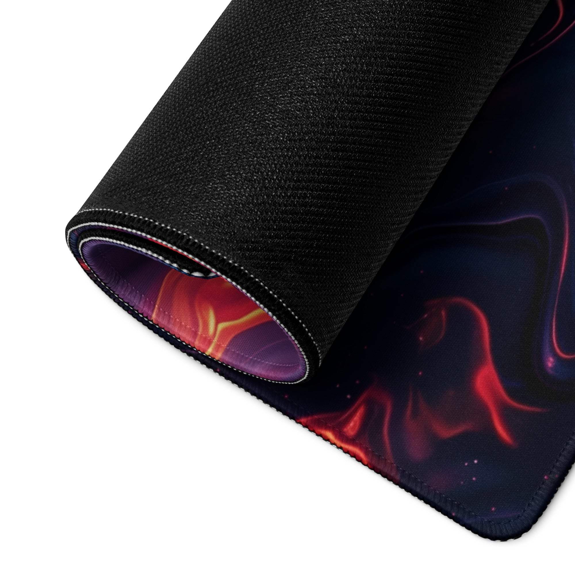 Rolled Vibrant Abstract Nebula gaming mouse pad revealing textured surface