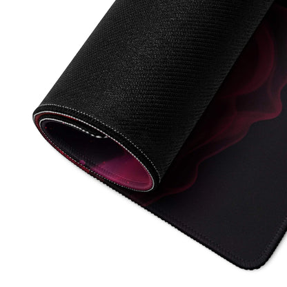 Premium ultra wide black gaming mouse pad with vivid red pink smoke design and stitched edges