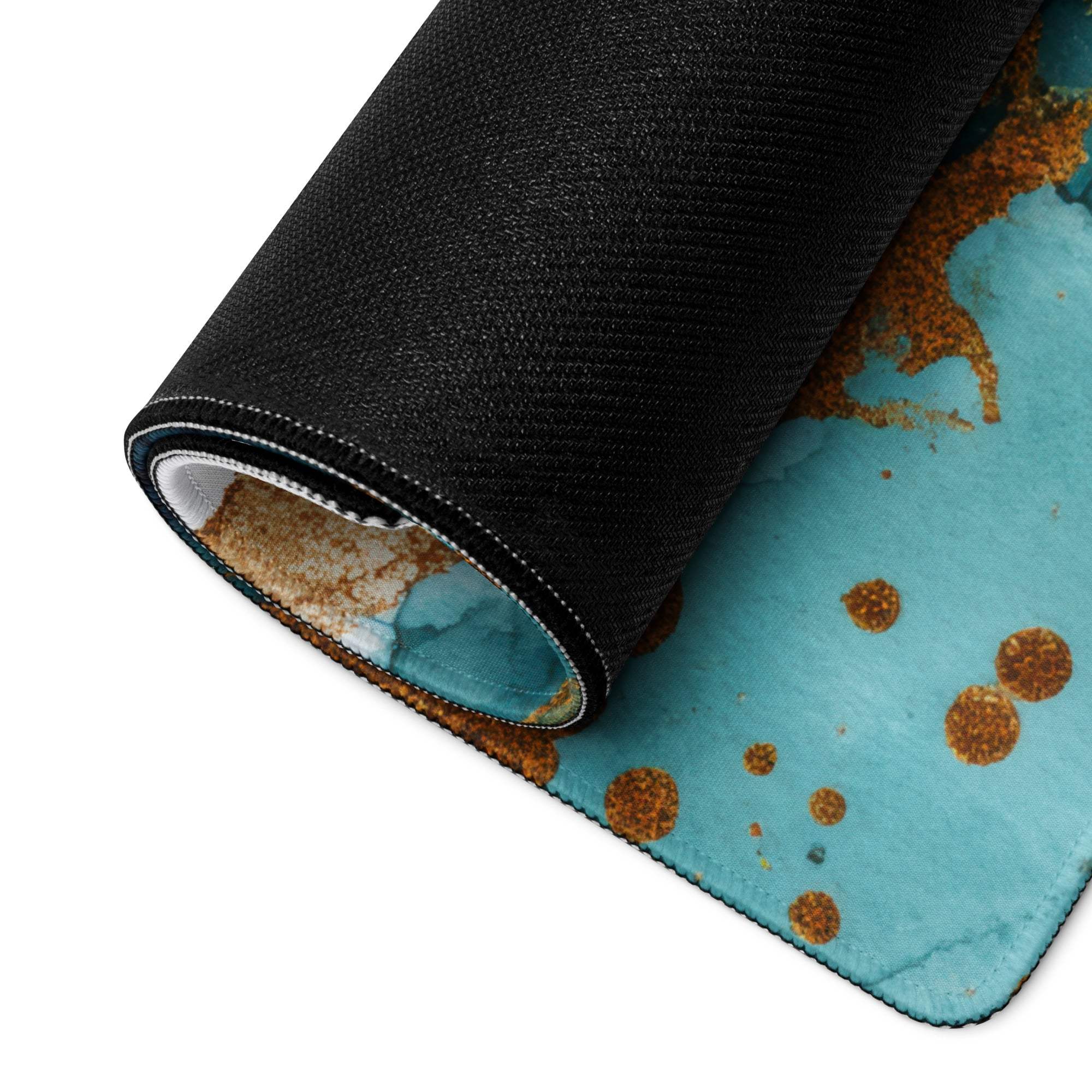 Elegant teal blue gold marble gaming mouse pad rolled up with non-slip backing