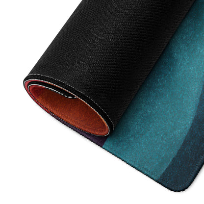 Black and teal textured gaming mousepad rolled to show layered design