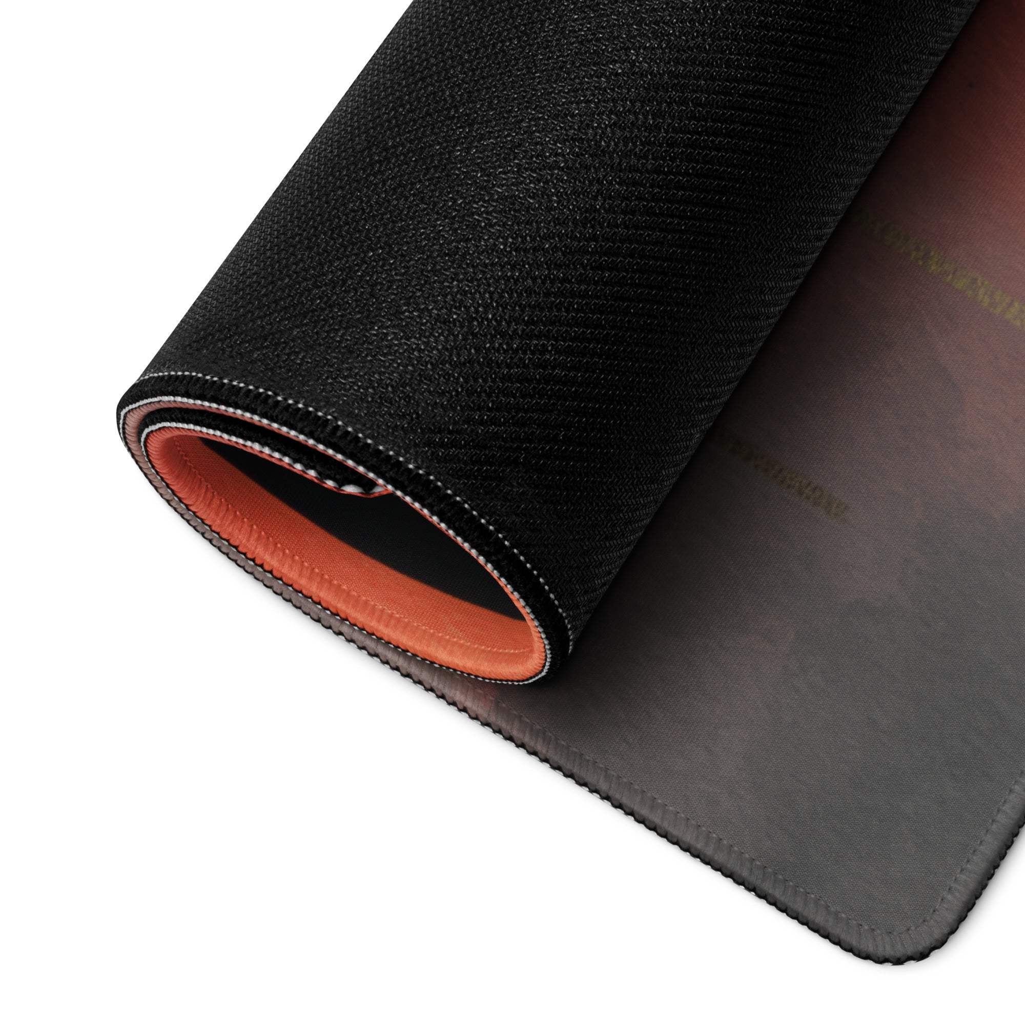 Black textured gaming mousepad with orange lining, neon sunset gradient, non-slip base
