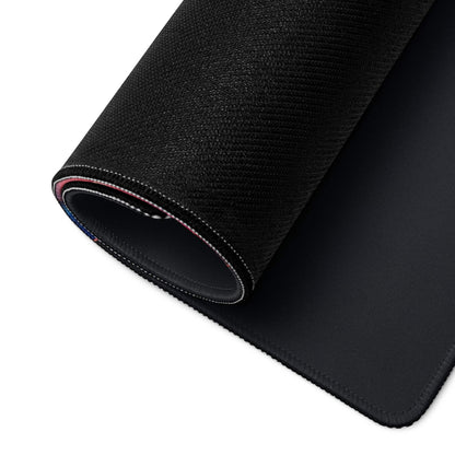 Premium dark gaming mousepad with black textured top, rolled edge stitching, non-slip base