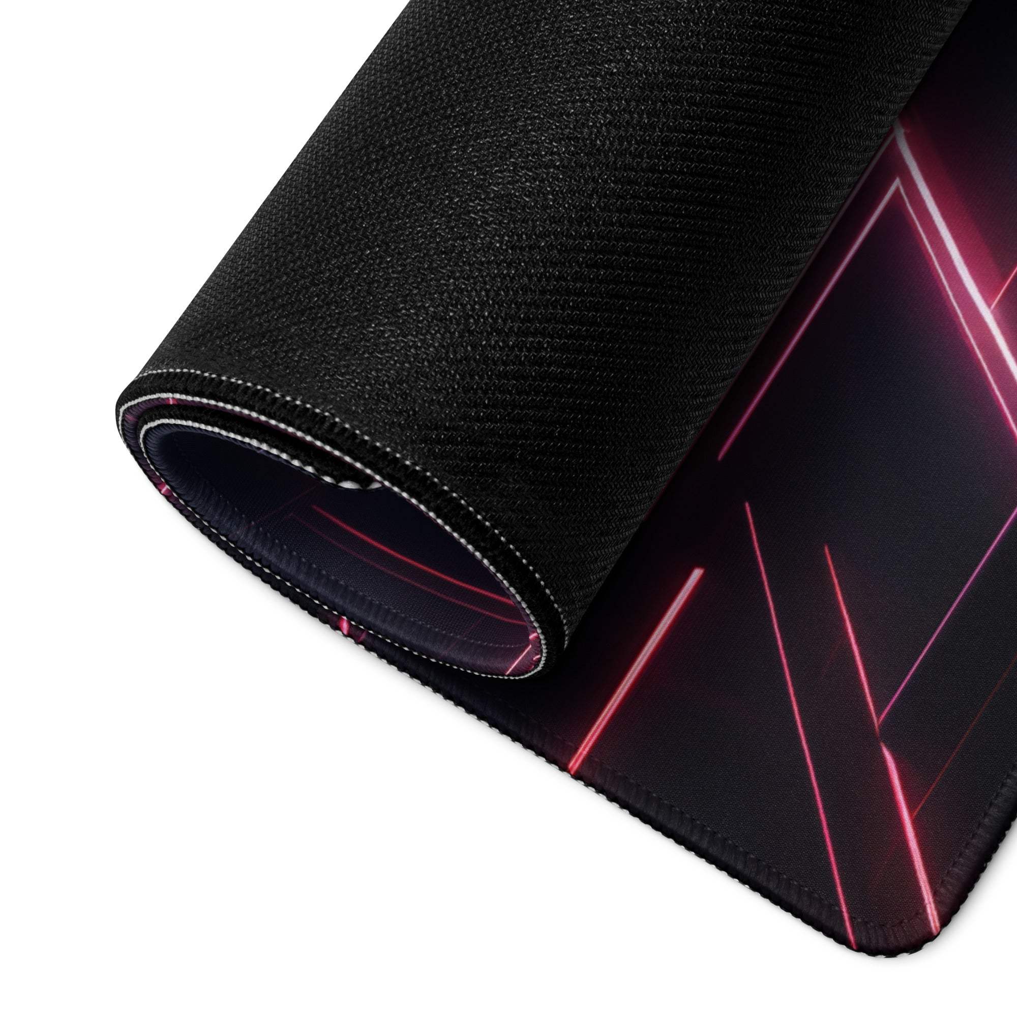 Black gaming mousepad with pink neon geometric edge glow and stitching