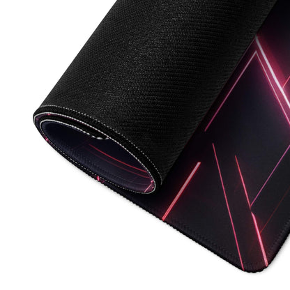 Black gaming mousepad with pink neon geometric edge glow and stitching