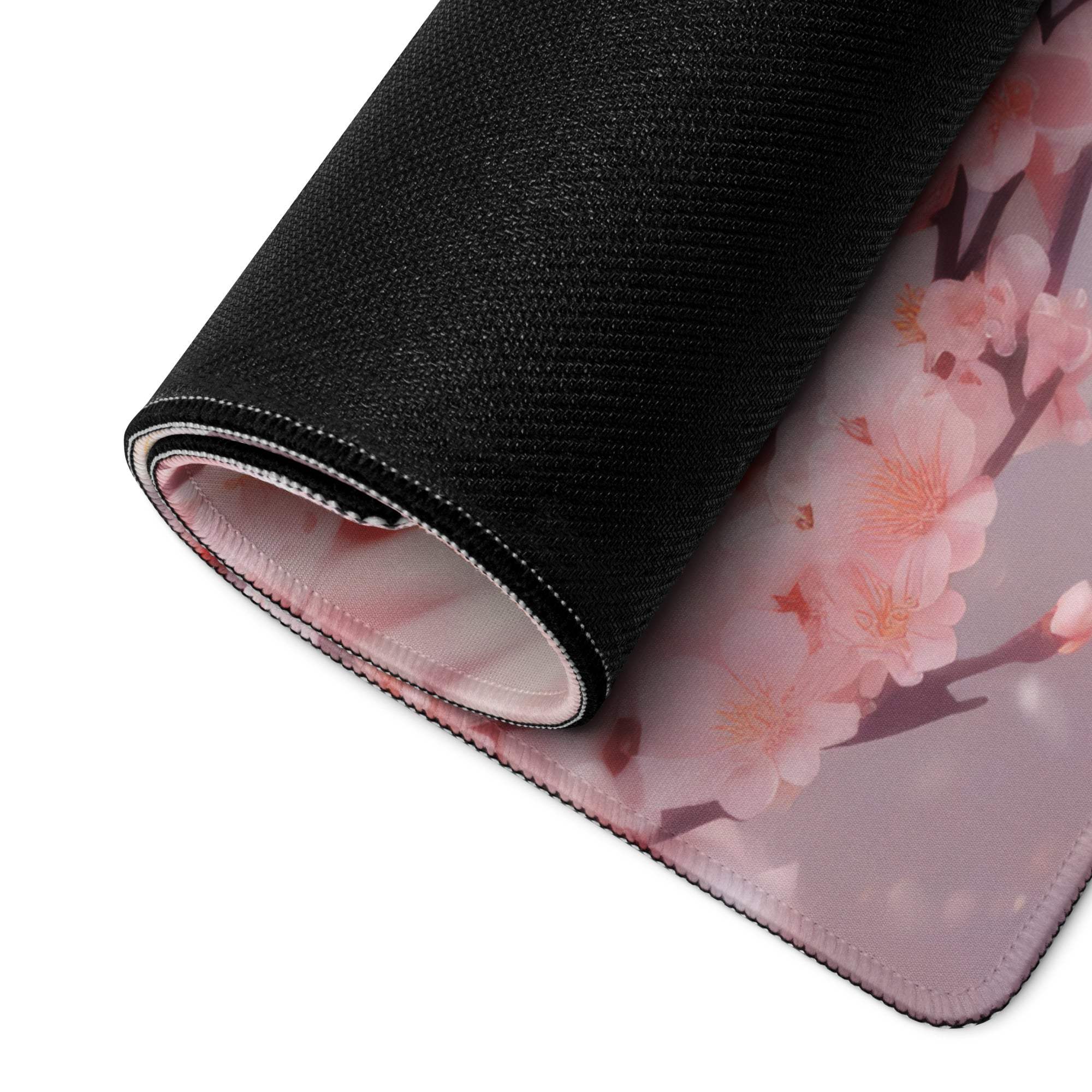 Rolled-up Pastel Floral Doves Cherry Blossom gaming mouse pad with pink blossoms
