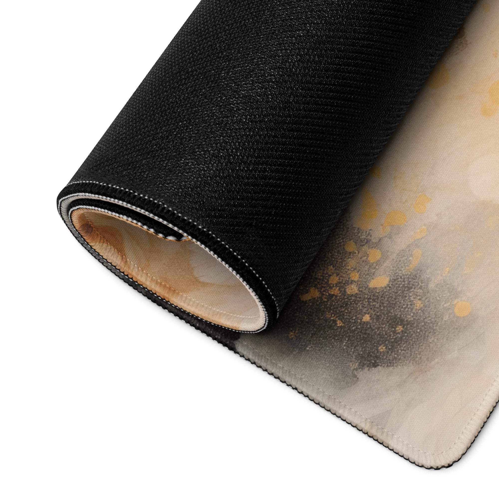 Large abstract watercolor gaming mouse pad in beige gold tones with black textured back
