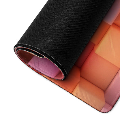 Black textured gaming mousepad with orange pink gradient cubes and pink lining