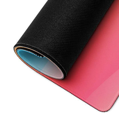 Black textured gaming mousepad with pink sunset gradient waves and blue lining