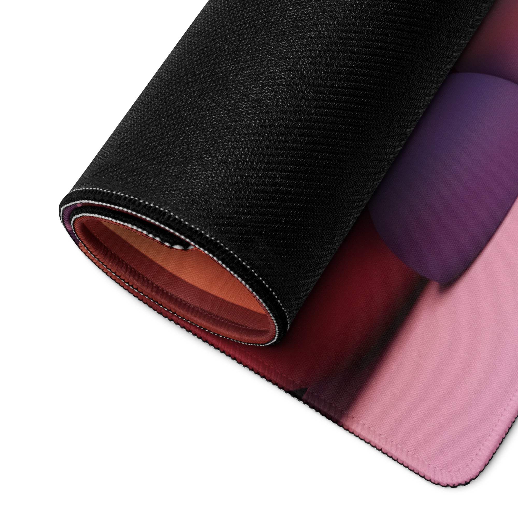 Dreamy abstract spheres gaming mouse pad in pink purple gradient with stitched edges