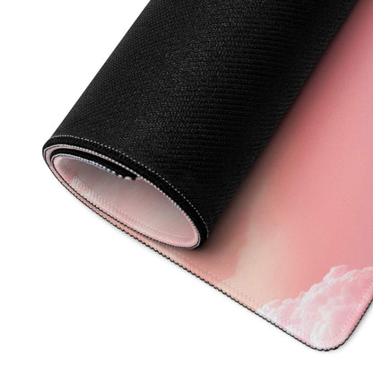 Dreamy pink cloud gaming mouse pad with stitched edge and non-slip base