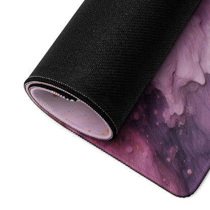 Rolled-up cosmic purple black textured gaming mousepad with non-slip base