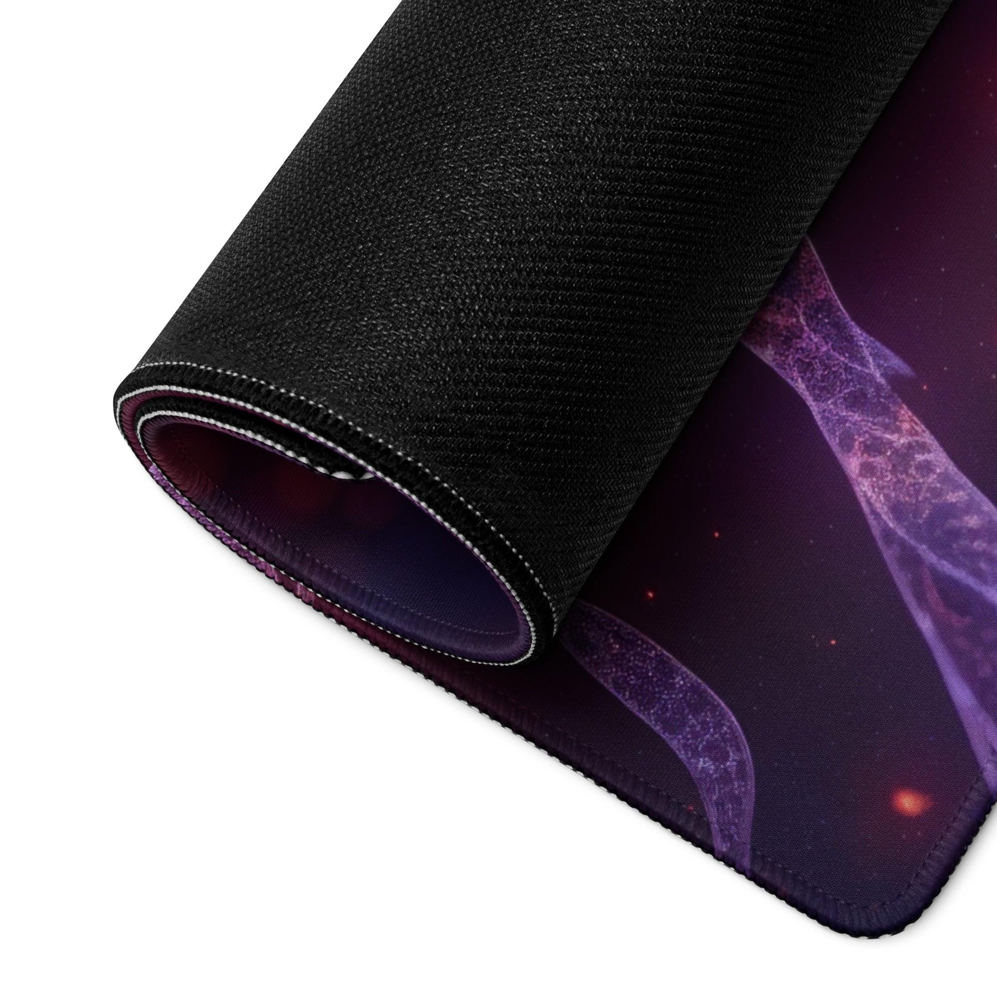 Black cosmic mousepad with purple nebulae, stars, non-slip backing, edge stitching