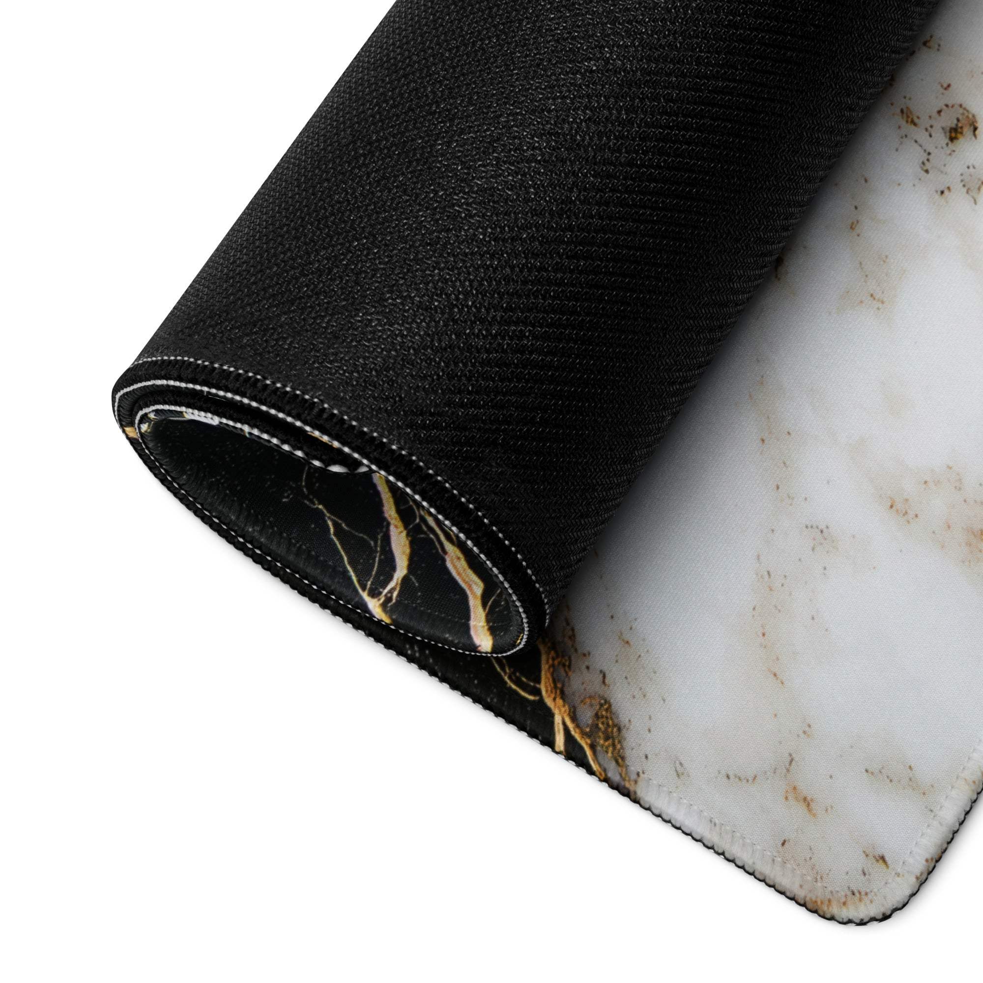 Lux black and white marble gaming mouse pad with gold veins and non-slip base