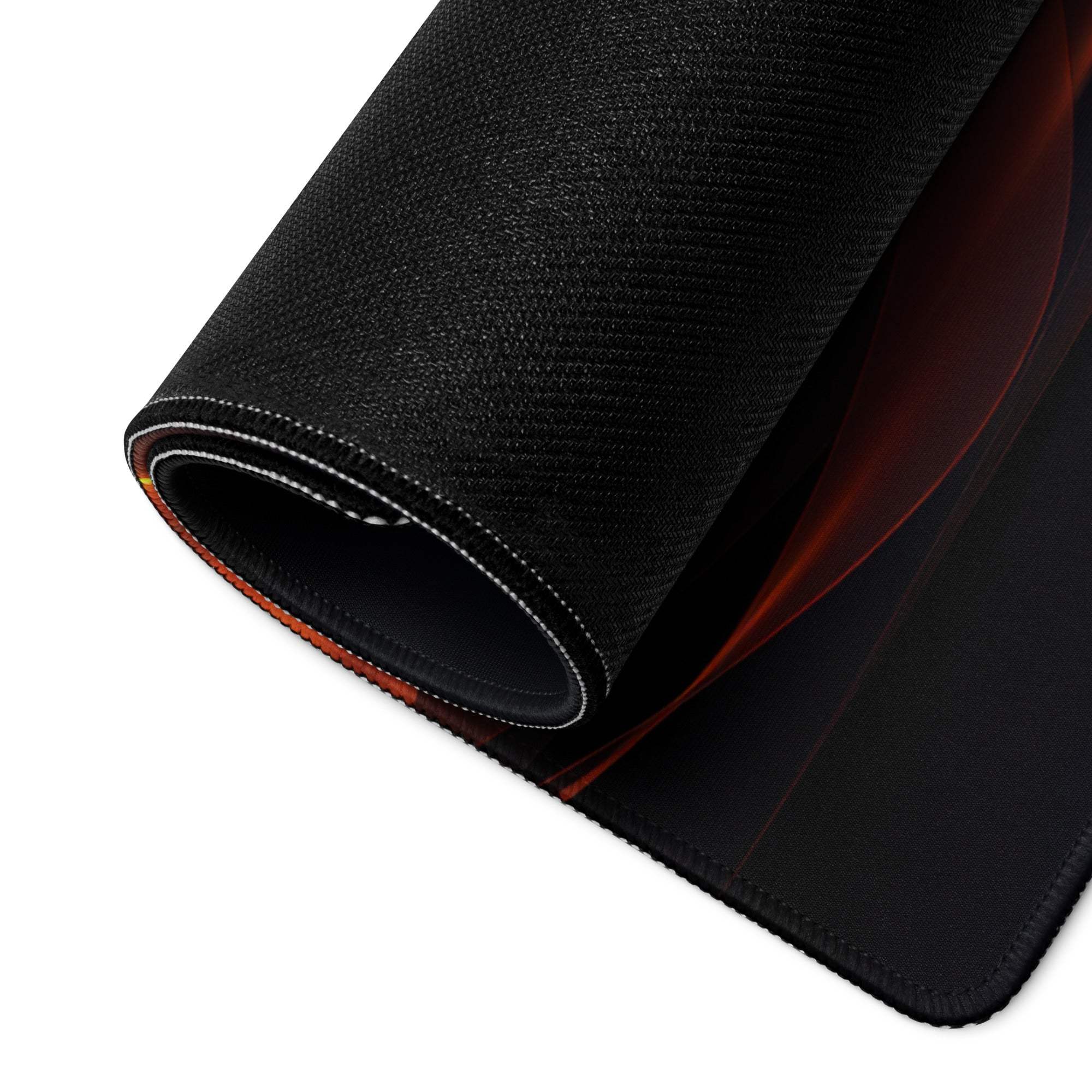 Black textured gaming mousepad with red orange edge gradient and non-slip base