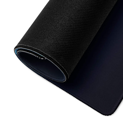 Black textured gaming mousepad with blue lining, stitched edges, non-slip base