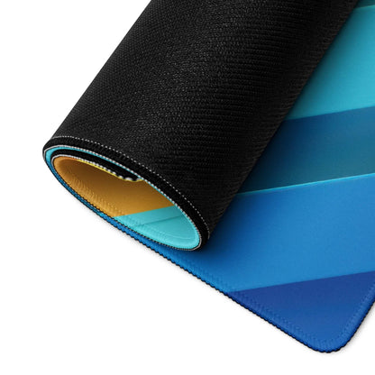 Black textured gaming mousepad with blue gradient, yellow lining and edge stitching