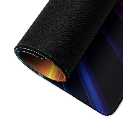 Black gaming mousepad with vibrant neon rainbow gradient edge, textured surface, ultra wide large size, non-slip base