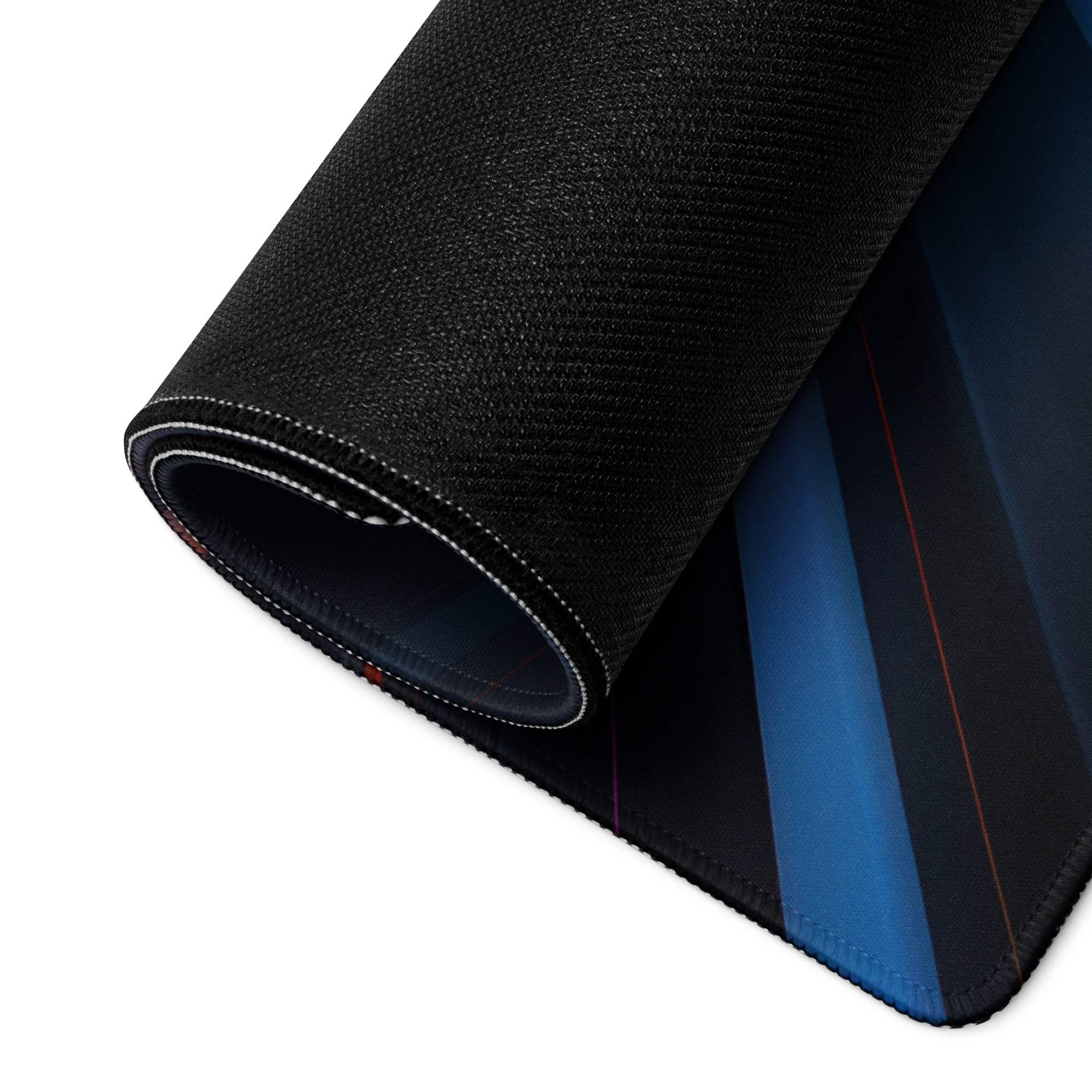 Black textured gaming mousepad with blue gray stripes, white edge stitching
