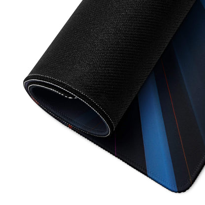 Black textured gaming mousepad with blue gray stripes, white edge stitching