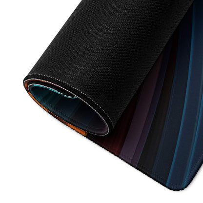 Black textured gaming mousepad with vibrant gradient wave seam and rolled non-slip edge