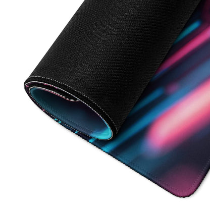 Rolled-up Cyberpunk Neon Cityscape gaming mouse pad with pink-blue gradient