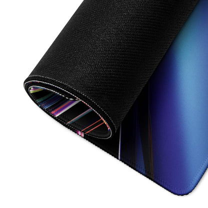 Vibrant neon abstract gaming mouse pad with black texture, blue gradient, colorful striped stitched edges