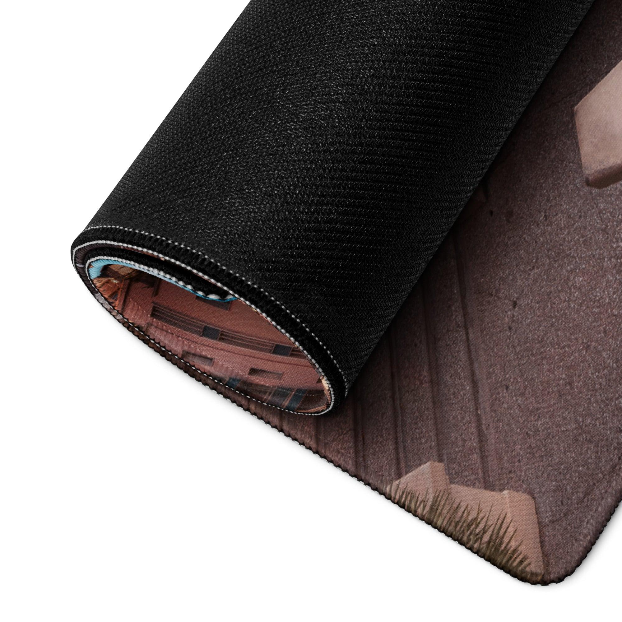 Black textured gaming mousepad with urban sunset cityscape, stitched edges