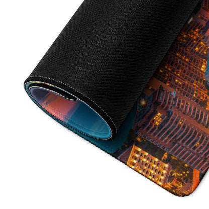 Black textured mousepad with vibrant coastal city sunset design