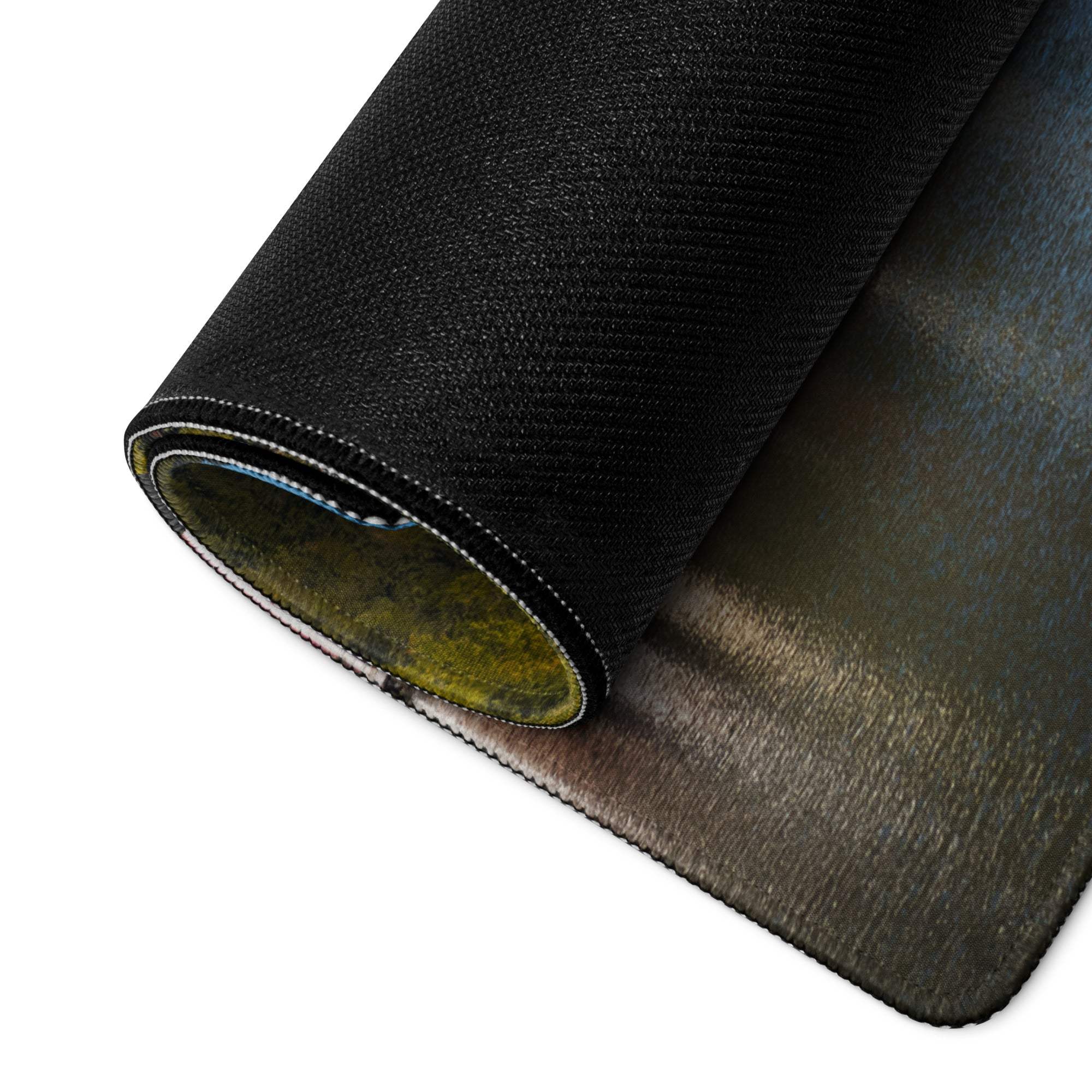 Black textured Blue Mountain Lake gaming mousepad with gradient and stitched edges