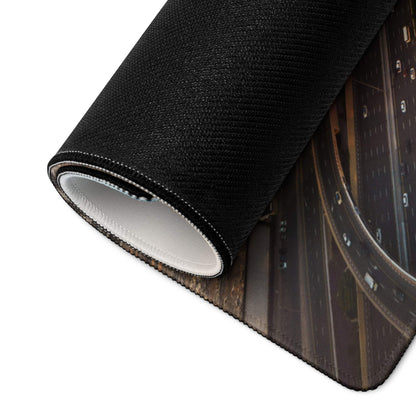 Rolled back view of black textured highway scene gaming mouse pad with non-slip base