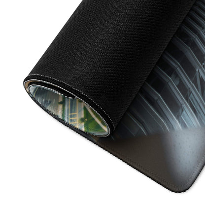 Black textured gaming mousepad rolled edge reveals cinematic cityscape facade
