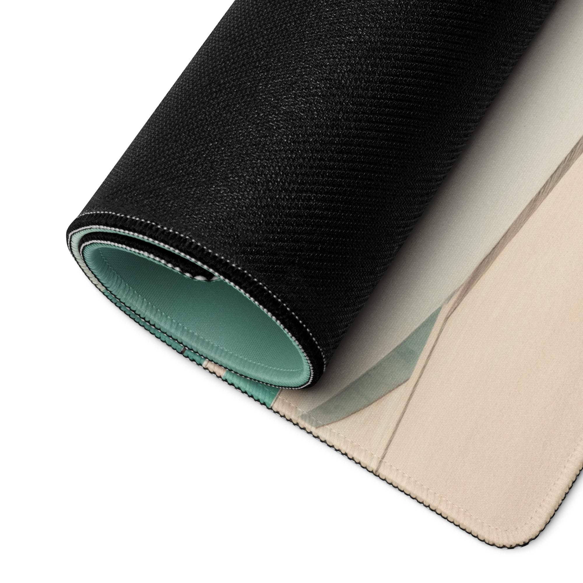 Minimalist coastal teal gaming mouse pad with black texture, teal lining, beige edge