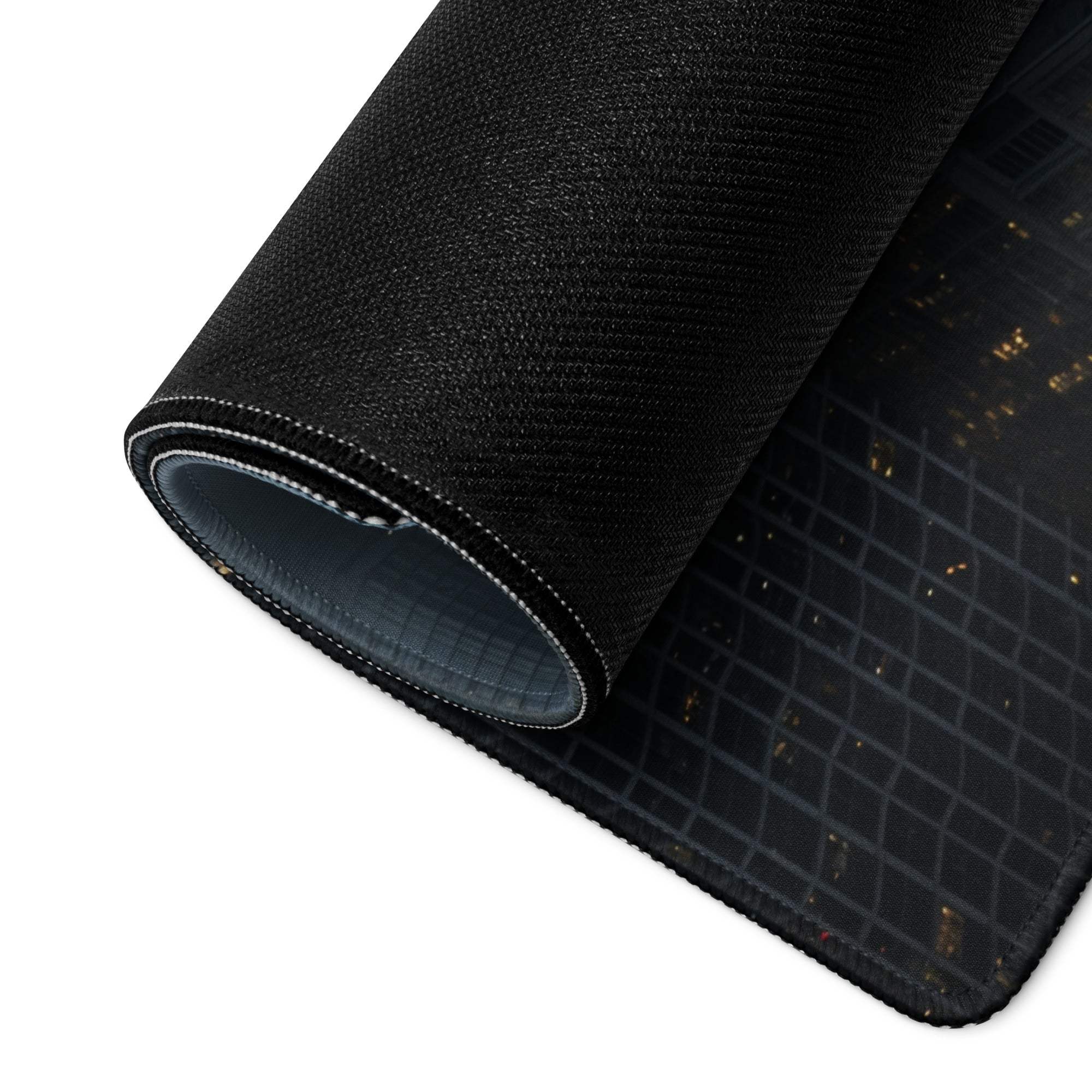 Black textured city skyline mousepad with reinforced edges and non-slip base