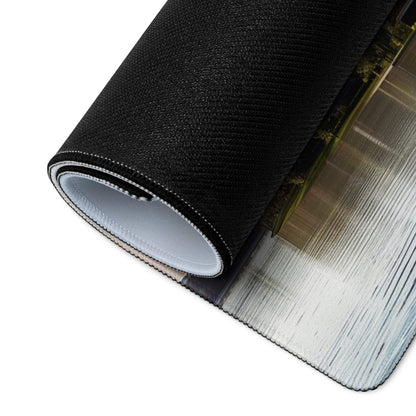 Black textured Urban Cityscape mousepad rolled to show white lining