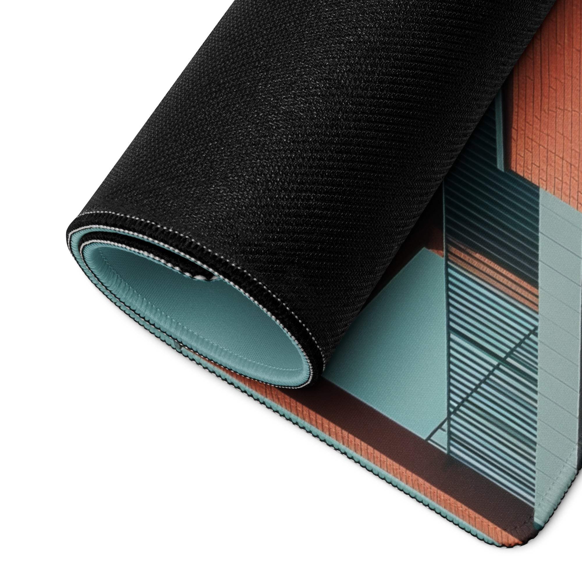 Black and teal gaming mousepad with modern architecture and edge-stitching