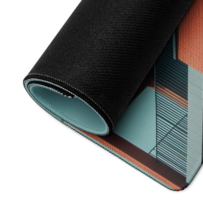 Black and teal gaming mousepad with modern architecture and edge-stitching