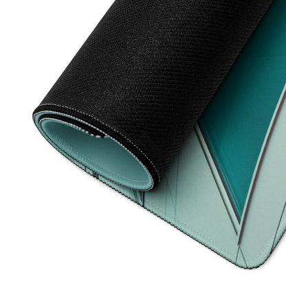 Black and teal modern architecture large gaming mouse pad with stitched edges