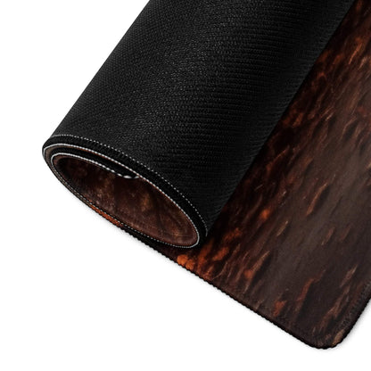 Back of Autumn Park Bench Scene large gaming mouse pad with black textured top, wood-grain non-slip backing