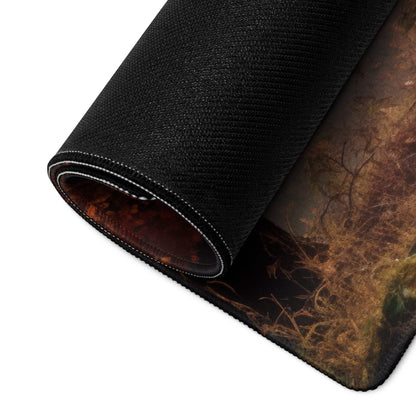 Large warm autumn forest gaming mouse pad with black textured rolled edge