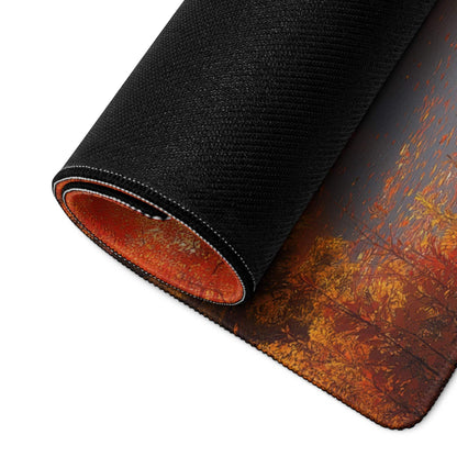 Rolled-up Autumn Forest gaming mouse pad with orange-red design